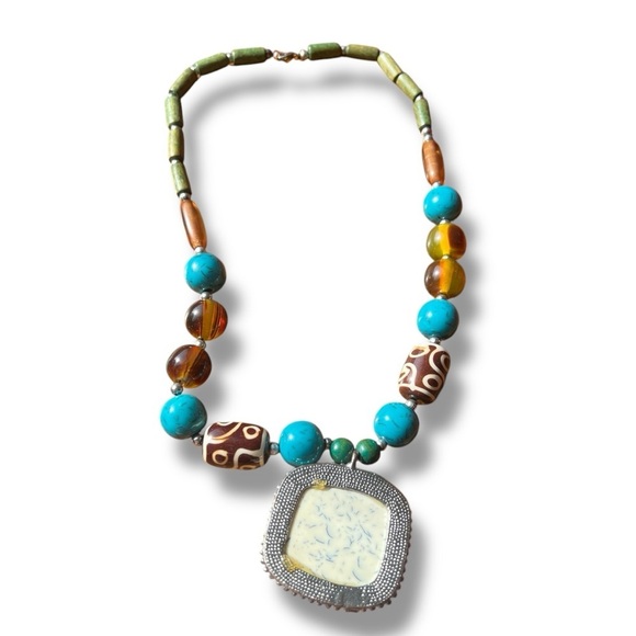 Statement Blue and Brown Beaded Necklace Wood Beads - Picture 6 of 10